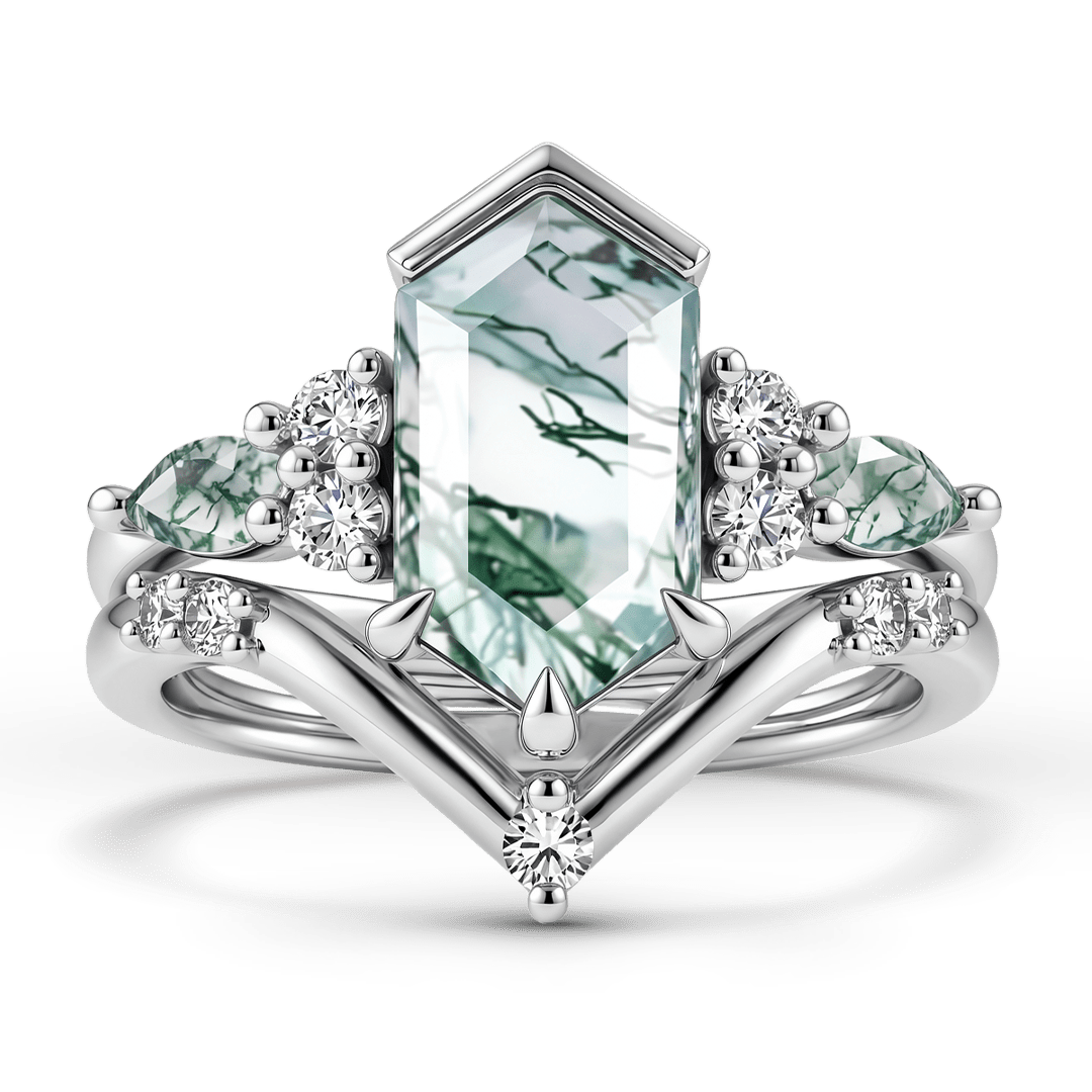 Gnoce Hexagon Moss Agate Ring Set Platinum-plated Silver Blend_1