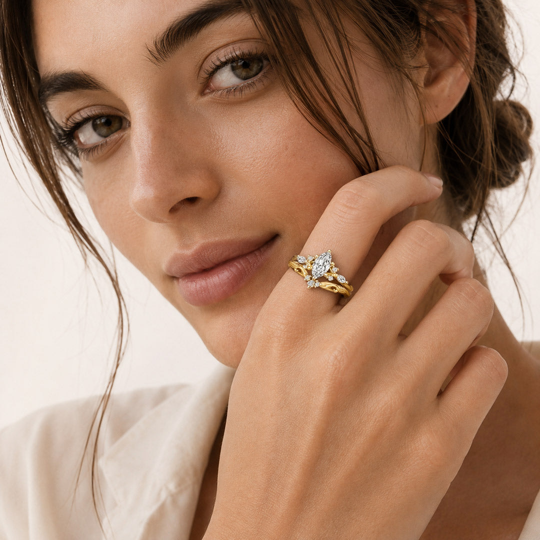 Gnoce Marquise Moissanite Vintage Filigree Engagement Ring Set_3