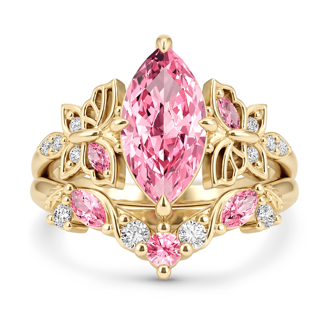 Gnoce Pink Marquise Butterfly Floral Bridal Ring Set_1