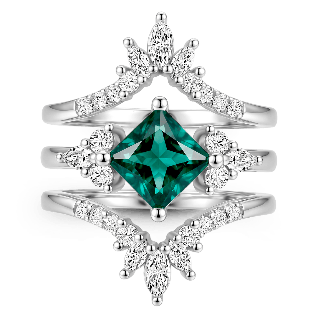 Gnoce Square Green Gemstone Tiara Ring Set Platinum-plated Silver Blend_1