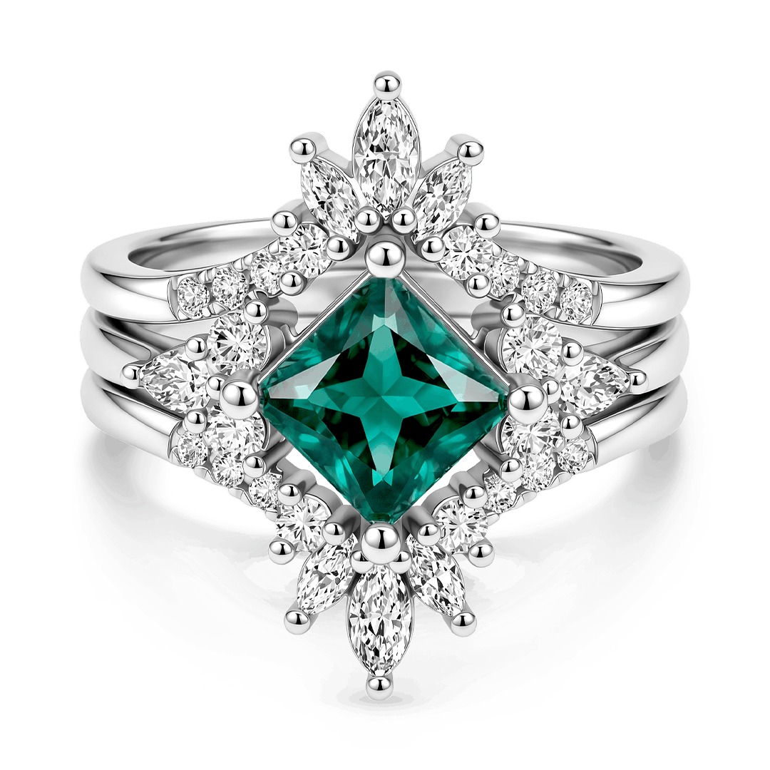 Gnoce Square Green Gemstone Tiara Ring Set Platinum-plated Silver Blend_4