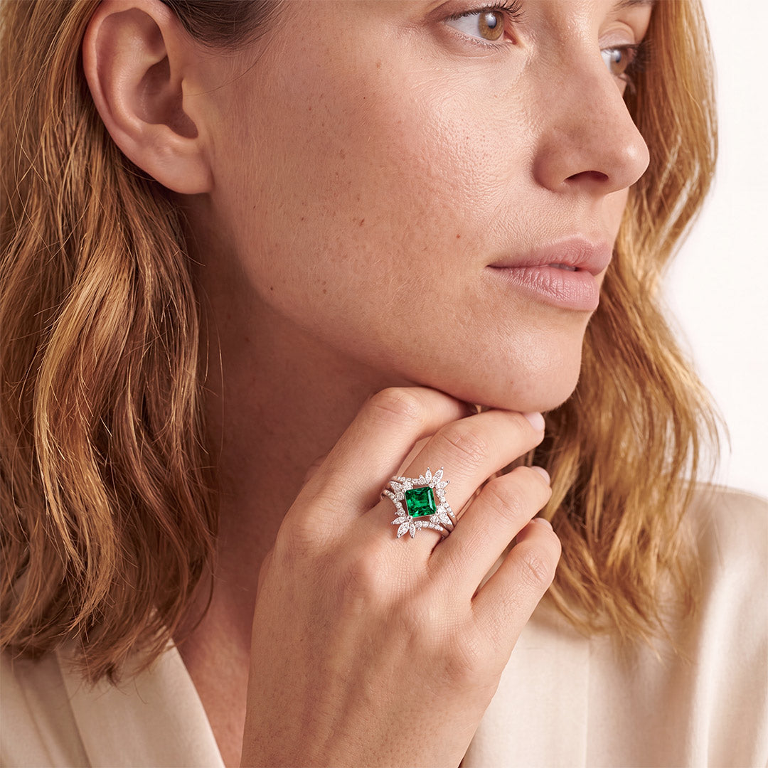 Gnoce Square Green Gemstone Tiara Ring Set Platinum-plated Silver Blend_3