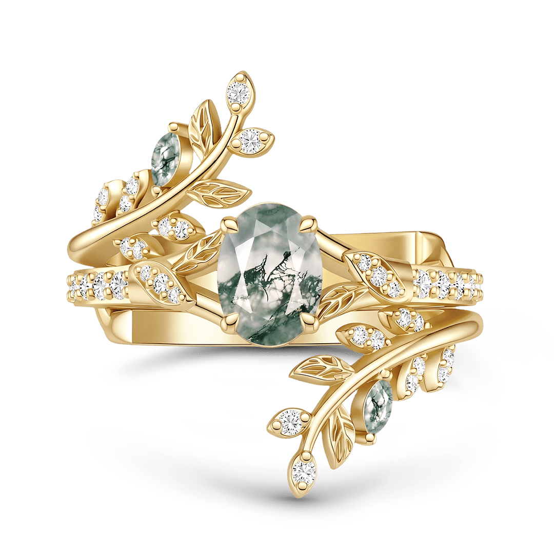 Gnoce Oval Moss Agate Leaf Vine Ring Set_1