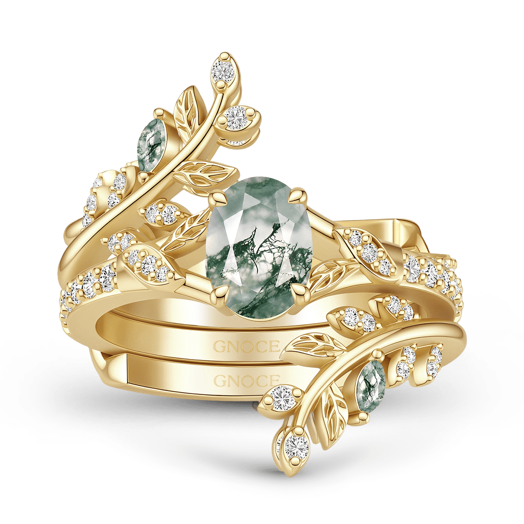 Gnoce Oval Moss Agate Leaf Vine Ring Set_4