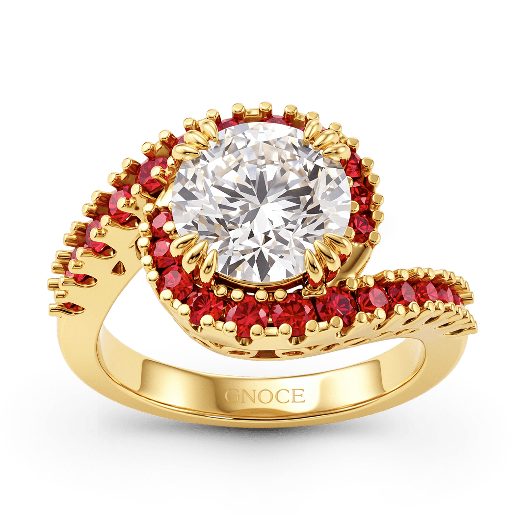 Gnoce Round Cut Moissanite with Ruby Halo Twisted Shank Ring_4