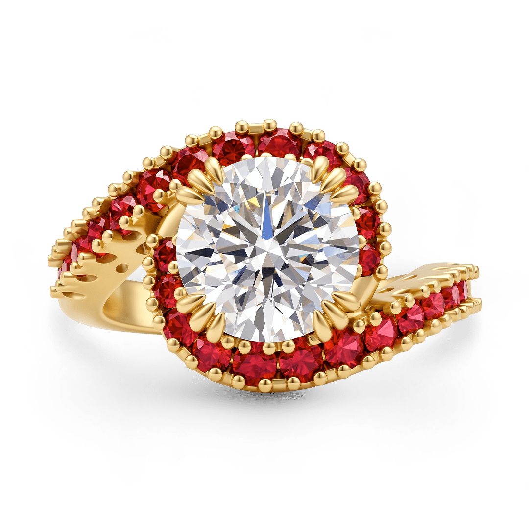 Gnoce Round Cut Moissanite with Ruby Halo Twisted Shank Ring_1