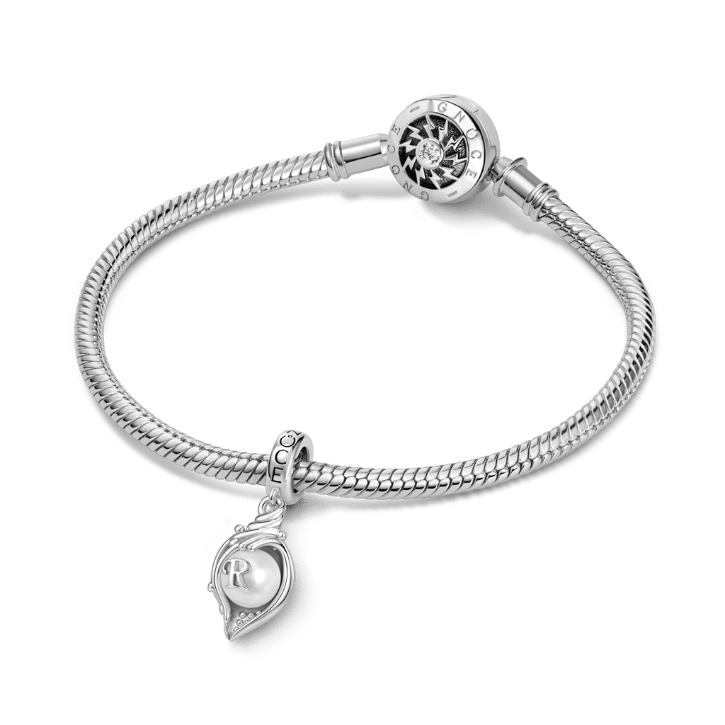 Gnoce Initial Letter Conch Pearl Dangle Charm Platinum-plated Silver Blend_4