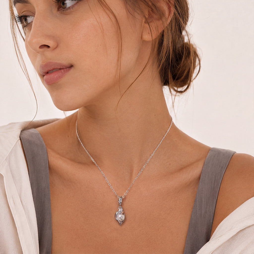 Gnoce Initial Letter Conch Pearl Dangle Charm Platinum-plated Silver Blend_5