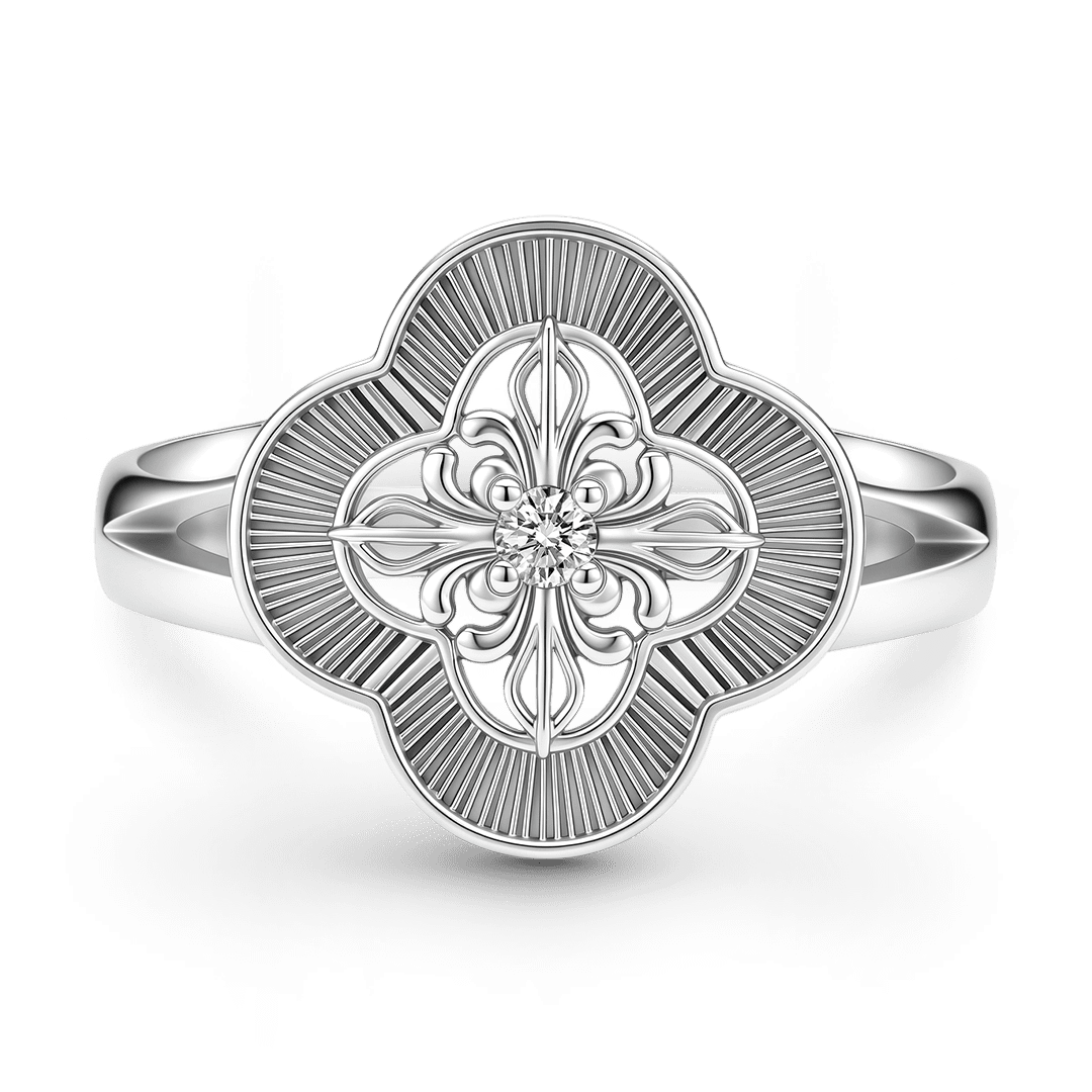 Gnoce Four-Leaf Clover Floral Engraved Ring Platinum-plated Silver Blend_1