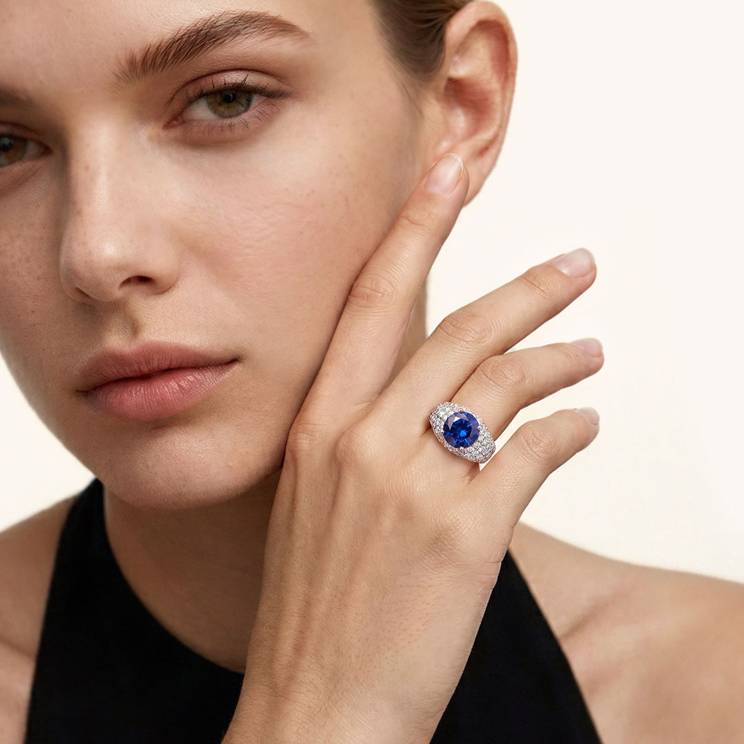 Gnoce Round Blue Sapphire Halo Ring Platinum-plated Silver Blend_3