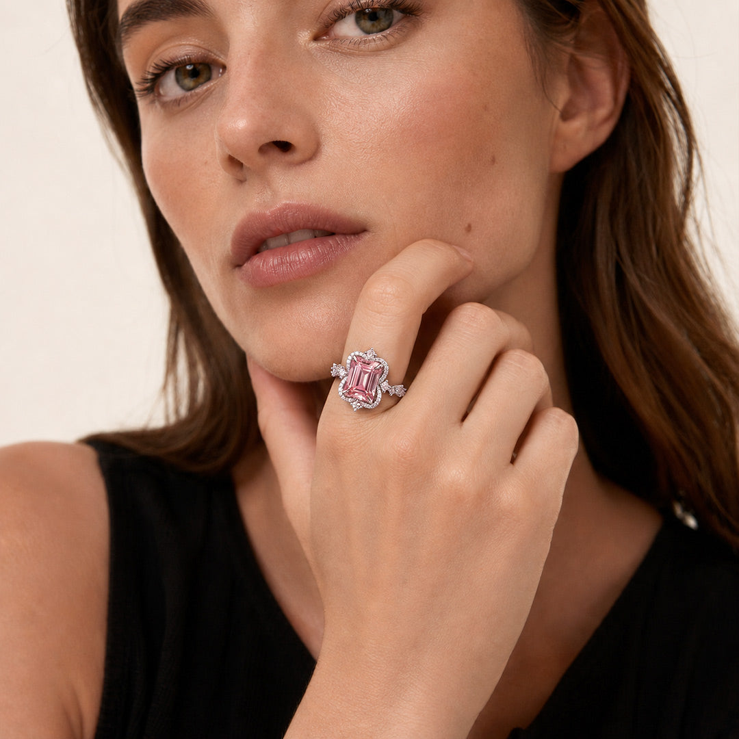 Gnoce Rectangle Cut Pink Gemstone Ring Platinum-plated Silver Blend_3