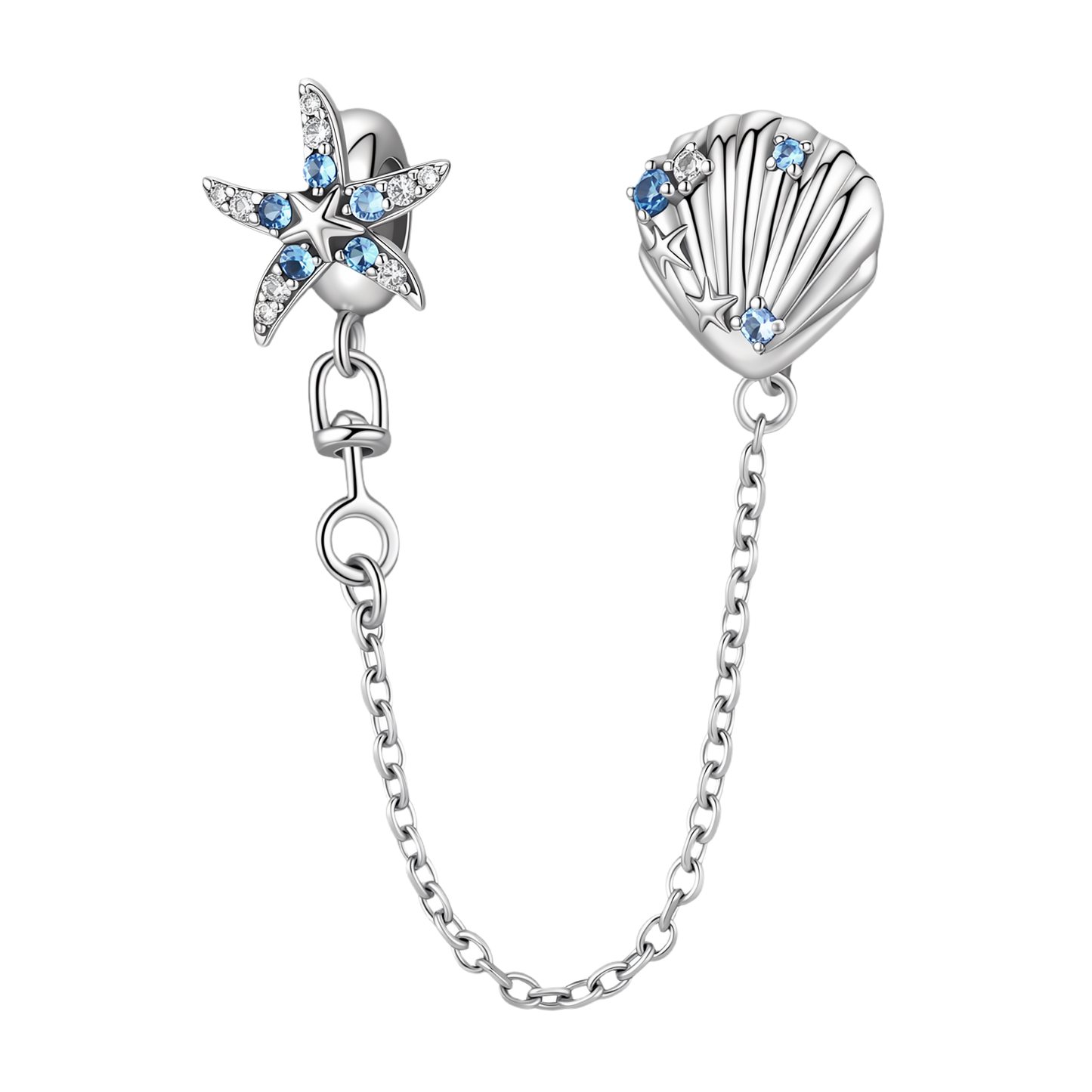 Sparkling Starfish & Shell Safety Chain 925 Sterling Silver Inlaid with Clear and Blue CZ Stones_1