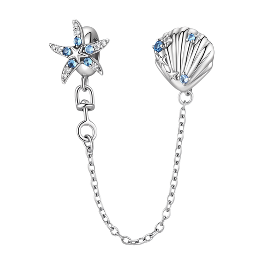 Sparkling Starfish & Shell Safety Chain 925 Sterling Silver Inlaid with Clear and Blue CZ Stones_1