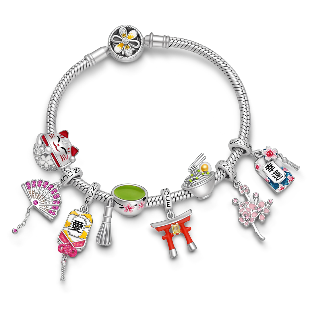 Gnoce Japanese Theme Dangle Charm Bracelet Platinum‑plated Silver Blend_3