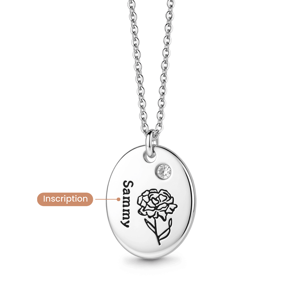 Gnoce Name Personalized Birth Flower Birthstone Oval Pendant Necklace Platinum-plated Silver Blend_3