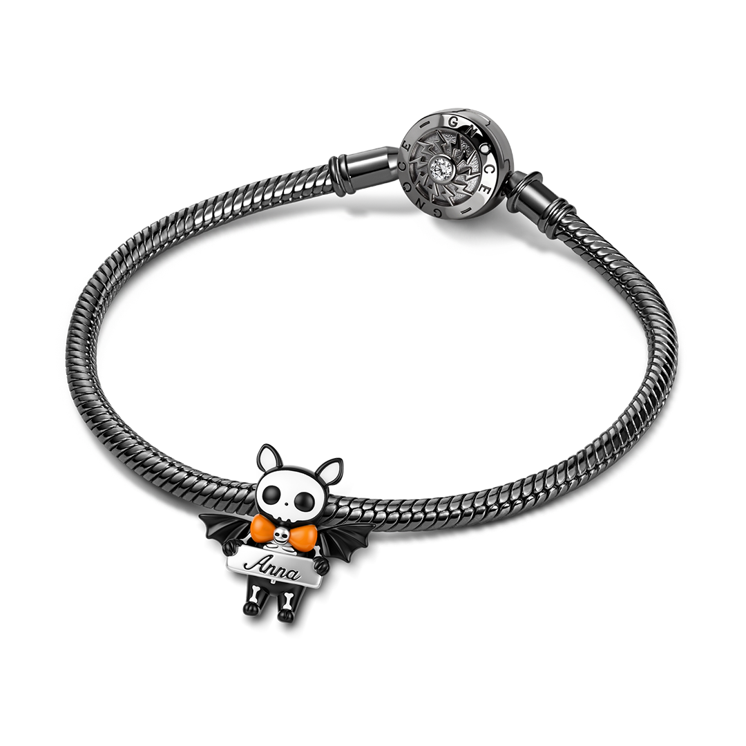Gnoce Glow‑in‑the‑dark Halloween Skeleton Bat Engravable Through‑hole Bead Charm Black Gold-plated Silver Blend_4