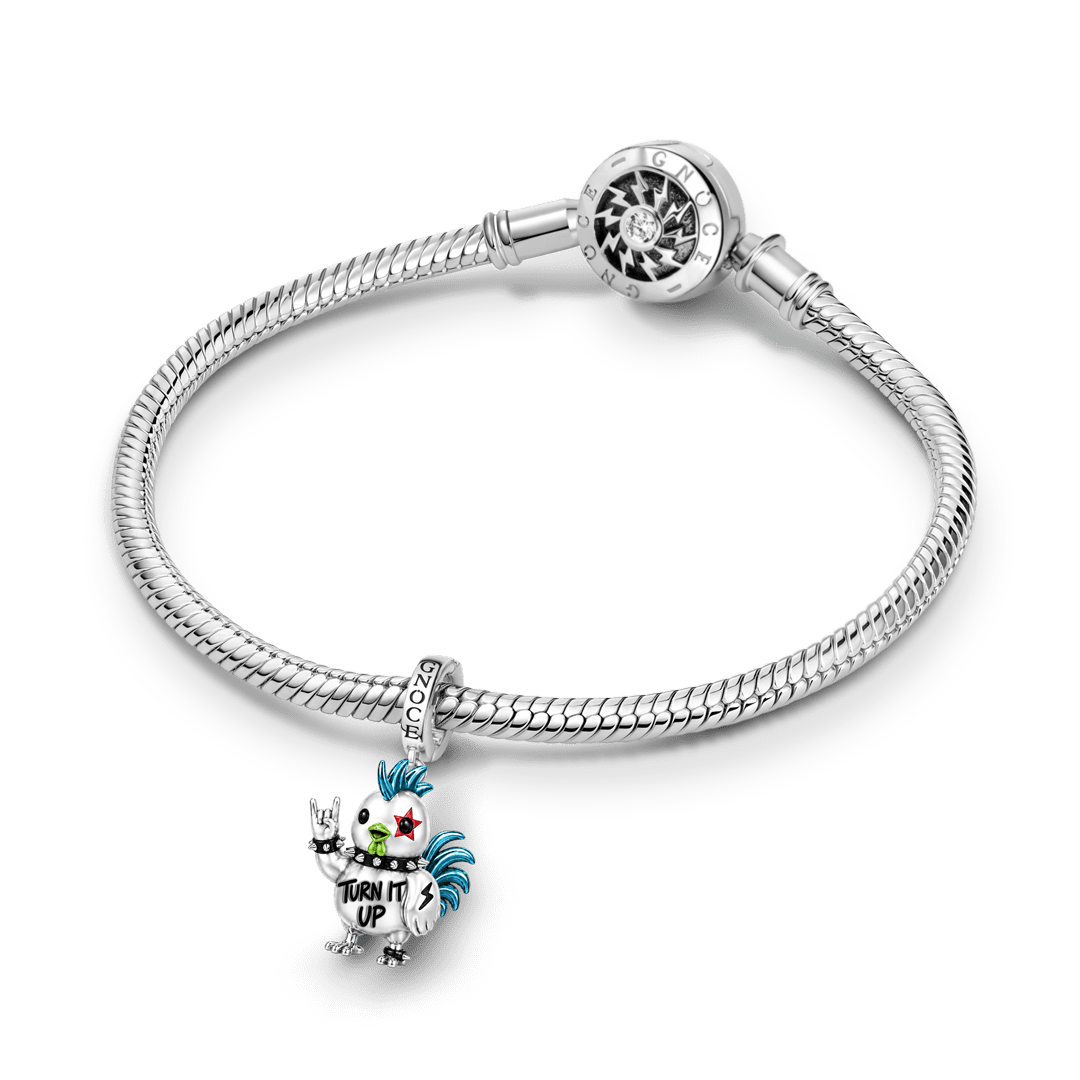 Gnoce Punk Glow‑in‑the‑dark Proud Rooster Rebel Clasp Dangle Charm Platinum‑plated Silver Blend_5