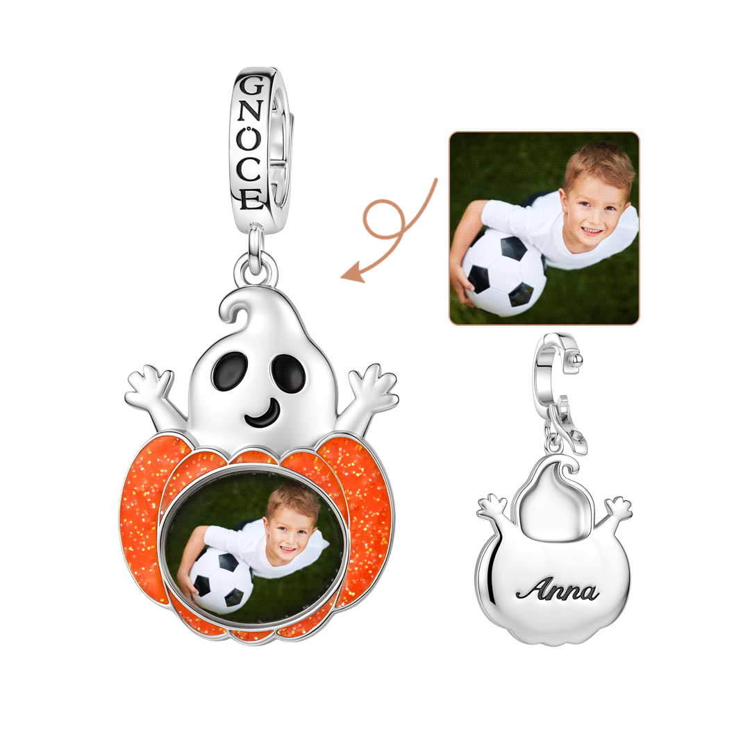 Gnoce Glow-in-the-dark Halloween Ghost Pumpkin Photo Engravable Clasp Dangle Charm Platinum-plated Silver Blend_1