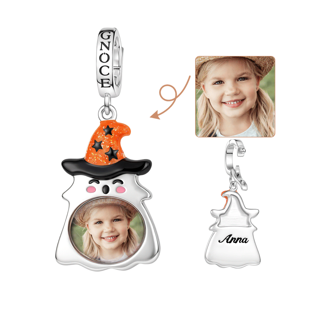 Gnoce Glow-in-the-dark Halloween Ghost Witch Hat Photo Engravable Clasp Dangle Charm Platinum-plated Silver Blend_1