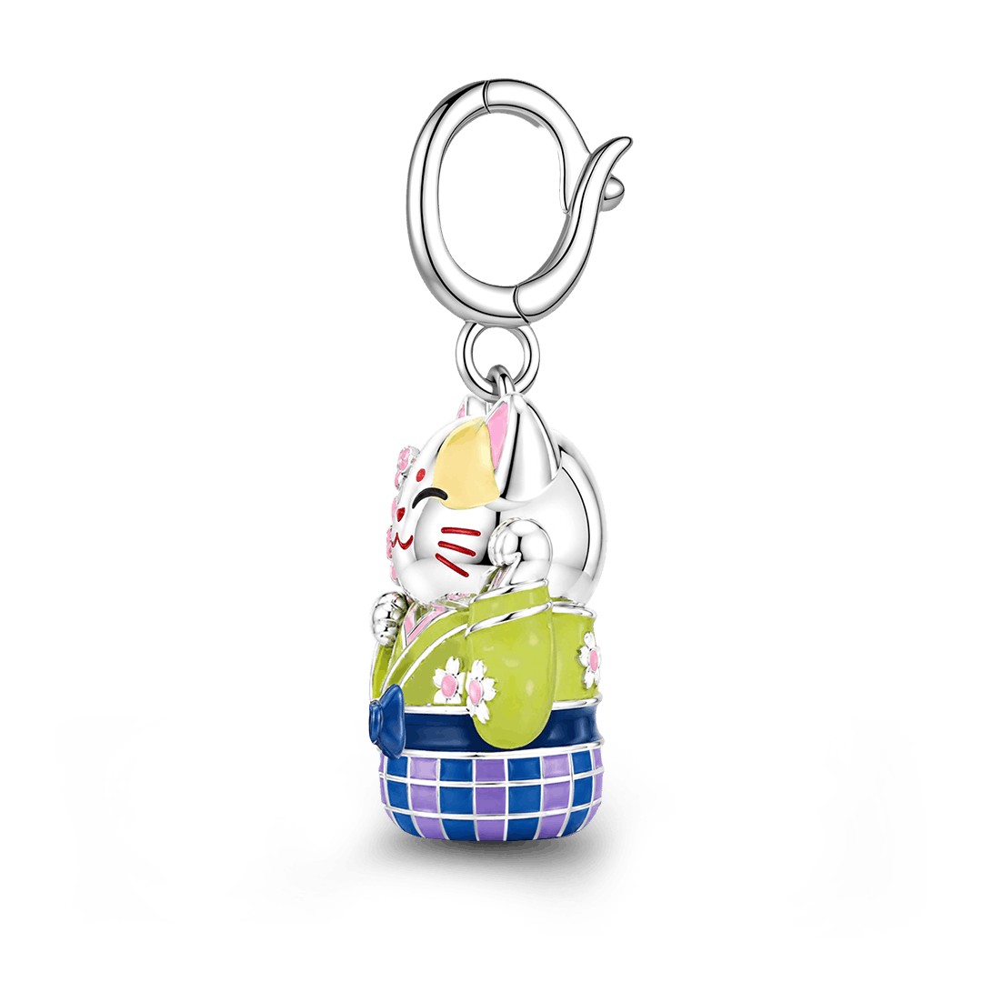 Gnoce Kimono Cherry Blossom Cat Clasp Dangle Charm Platinum-plated Silver Blend_5
