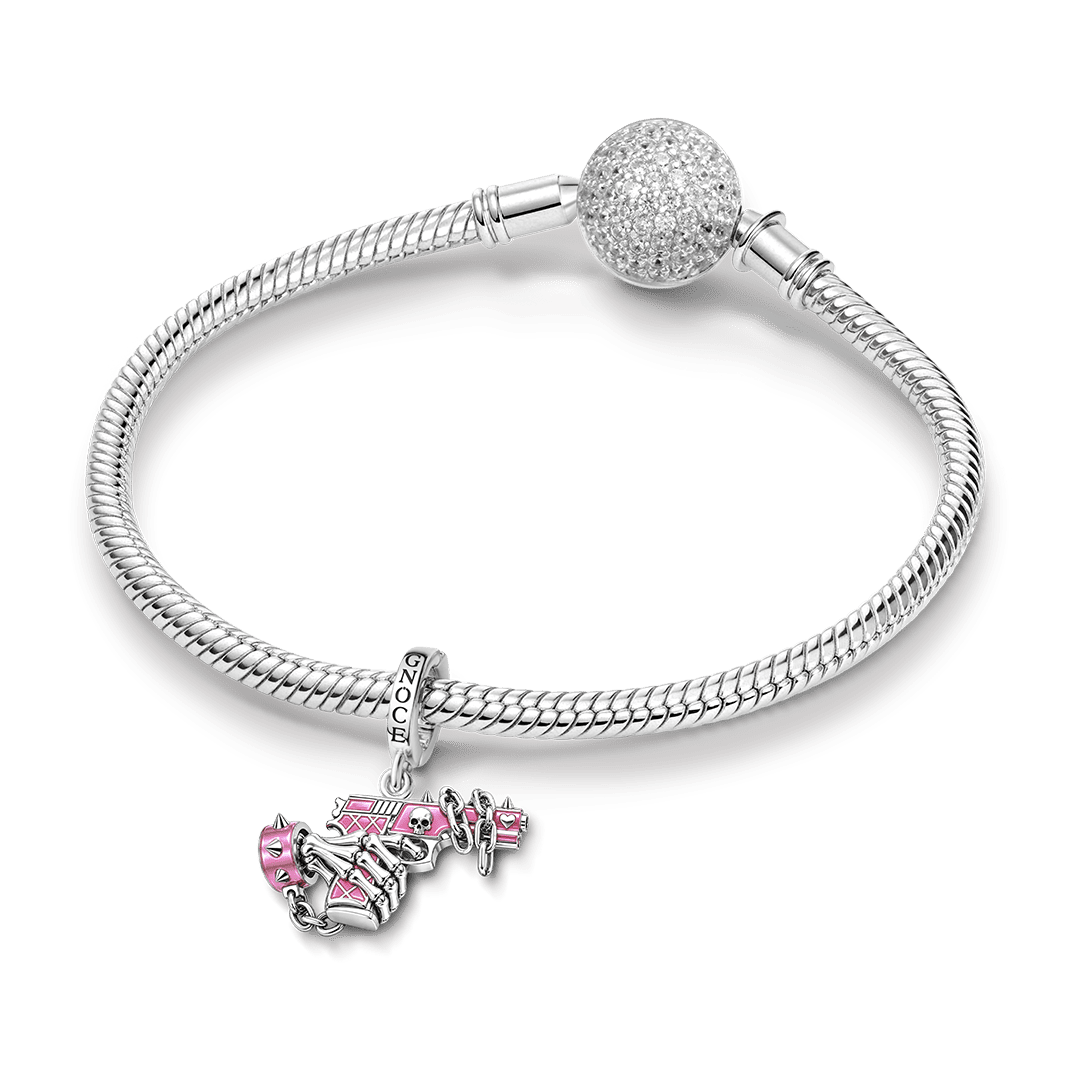 Gnoce Pink Punk Halloween Skeleton Hand Gun Clasp Dangle Charm Platinum-plated Silver Blend_3