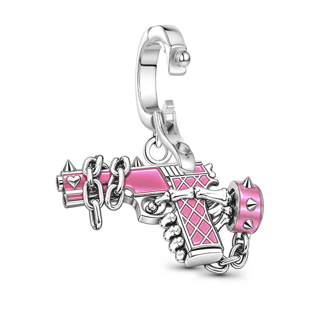 Gnoce Pink Punk Halloween Skeleton Hand Gun Clasp Dangle Charm Platinum-plated Silver Blend_6