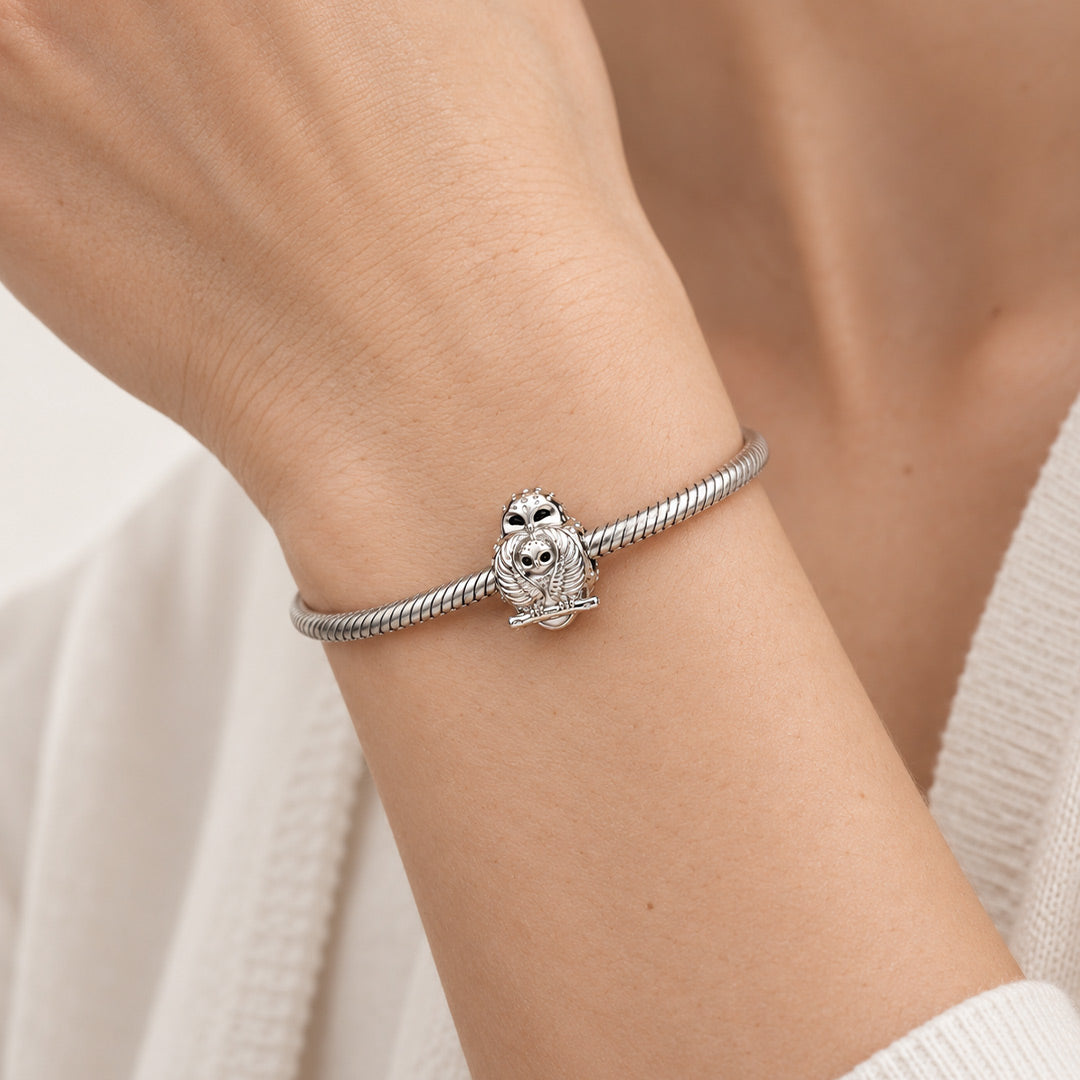 Gnoce Halloween Snowy Owl Mother and Baby Bead Platinum-plated Silver Blend_2