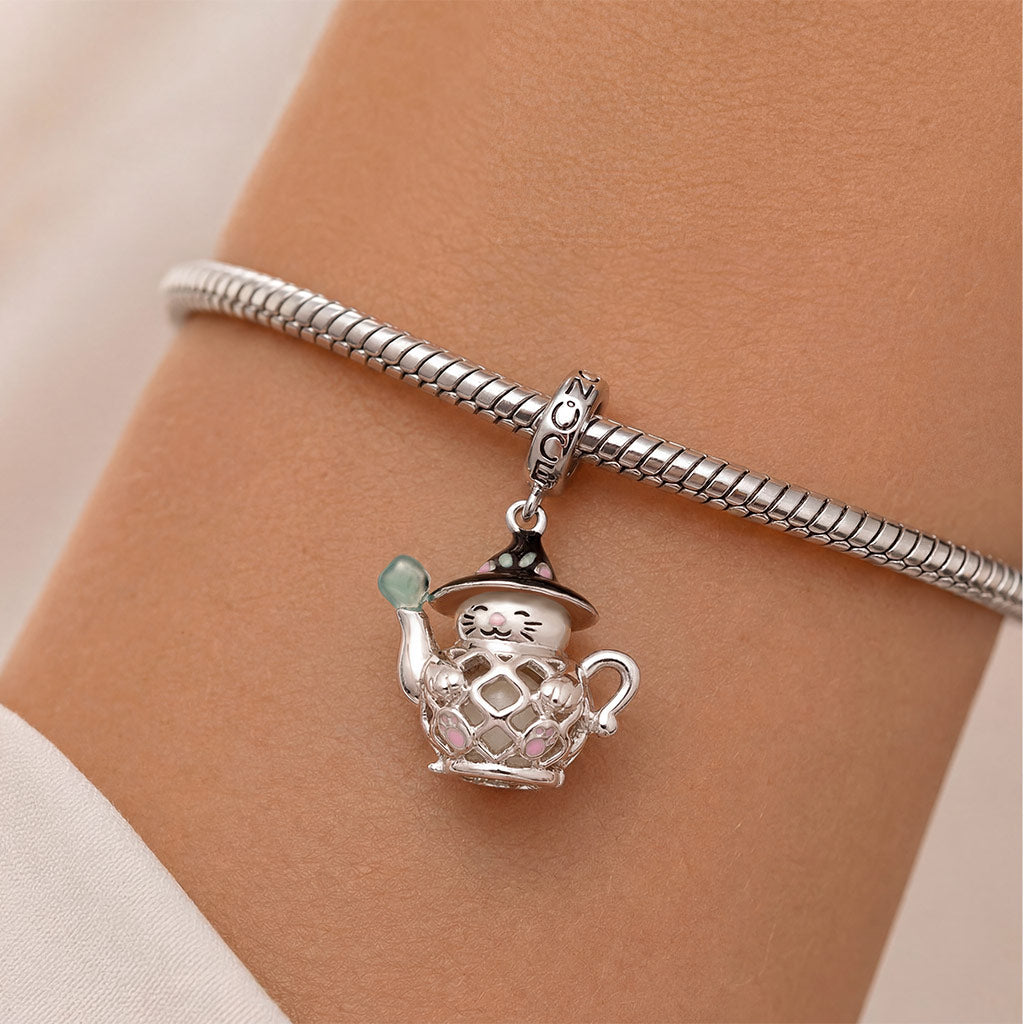 Gnoce Glow-in-the-dark Wizard Cat Teapot LED Clasp Dangle Charm Platinum-plated Silver Blend_4
