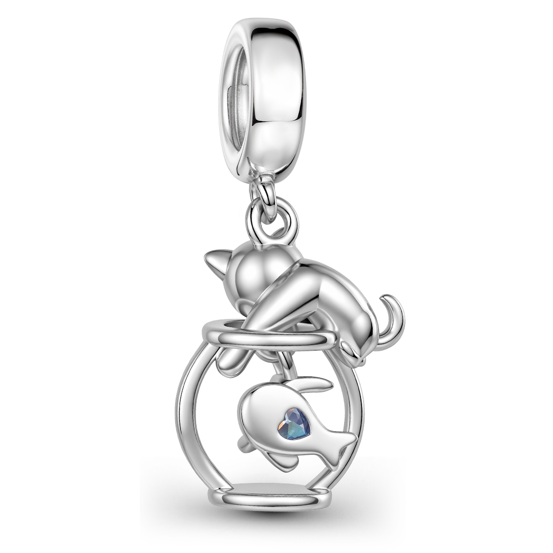 Gnoce Cat Catching Fishbowl Dangle Charm Platinum-plated Silver Blend_5