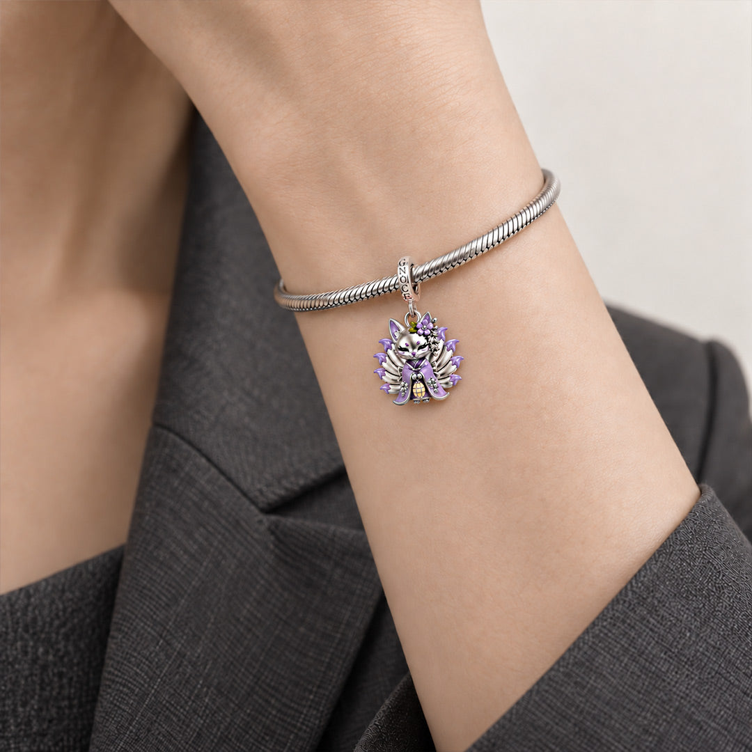 Gnoce Japanese Nine-tailed Fox Purple Lantern Clasp Dangle Charm Glow-in-the-dark Platinum-plated Silver Blend_3