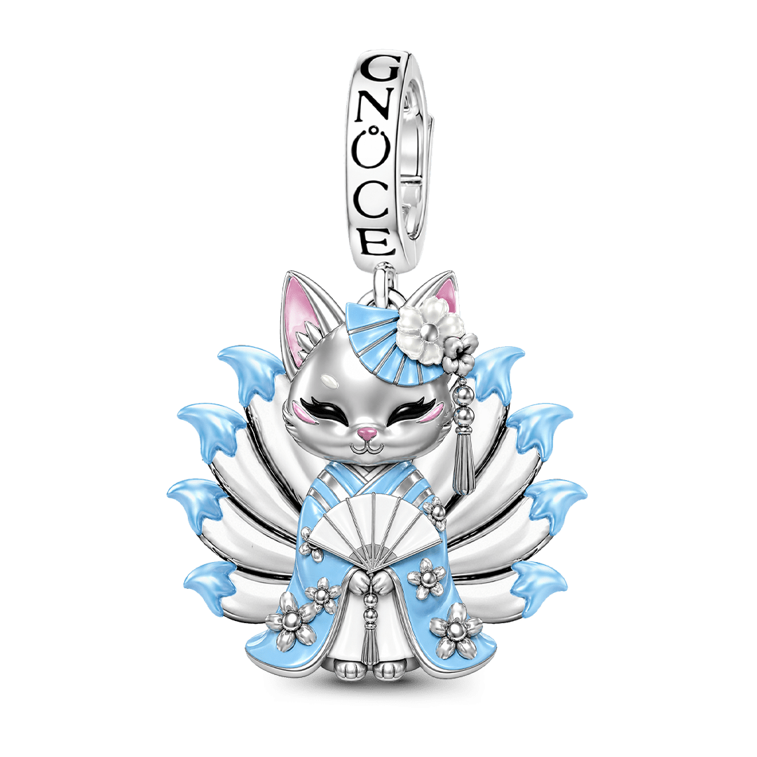 Gnoce Japanese Nine-tailed Fox Blue Fan Clasp Dangle Charm Glow-in-the-dark Platinum-plated Silver Blend_2