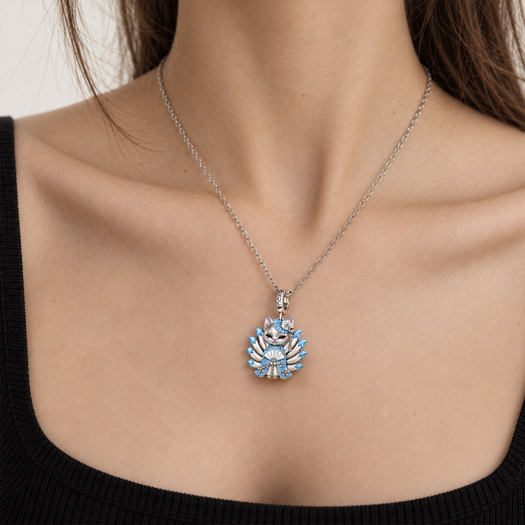 Gnoce Japanese Nine-tailed Fox Blue Fan Clasp Dangle Charm Glow-in-the-dark Platinum-plated Silver Blend_5