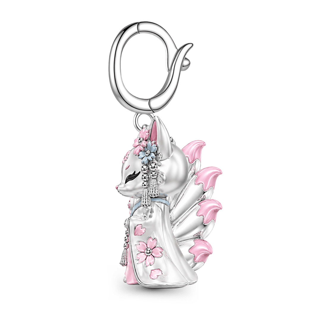Gnoce Japanese Nine-tailed Fox Pink Cherry Blossom Clasp Dangle Charm Glow-in-the-dark Platinum-plated Silver Blend_6