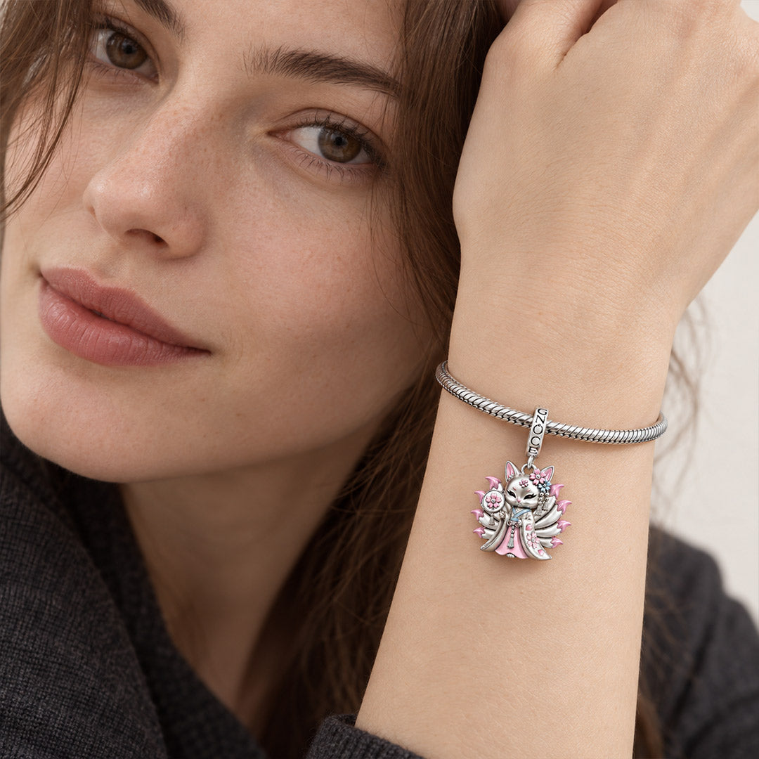 Gnoce Japanese Nine-tailed Fox Pink Cherry Blossom Clasp Dangle Charm Glow-in-the-dark Platinum-plated Silver Blend_3