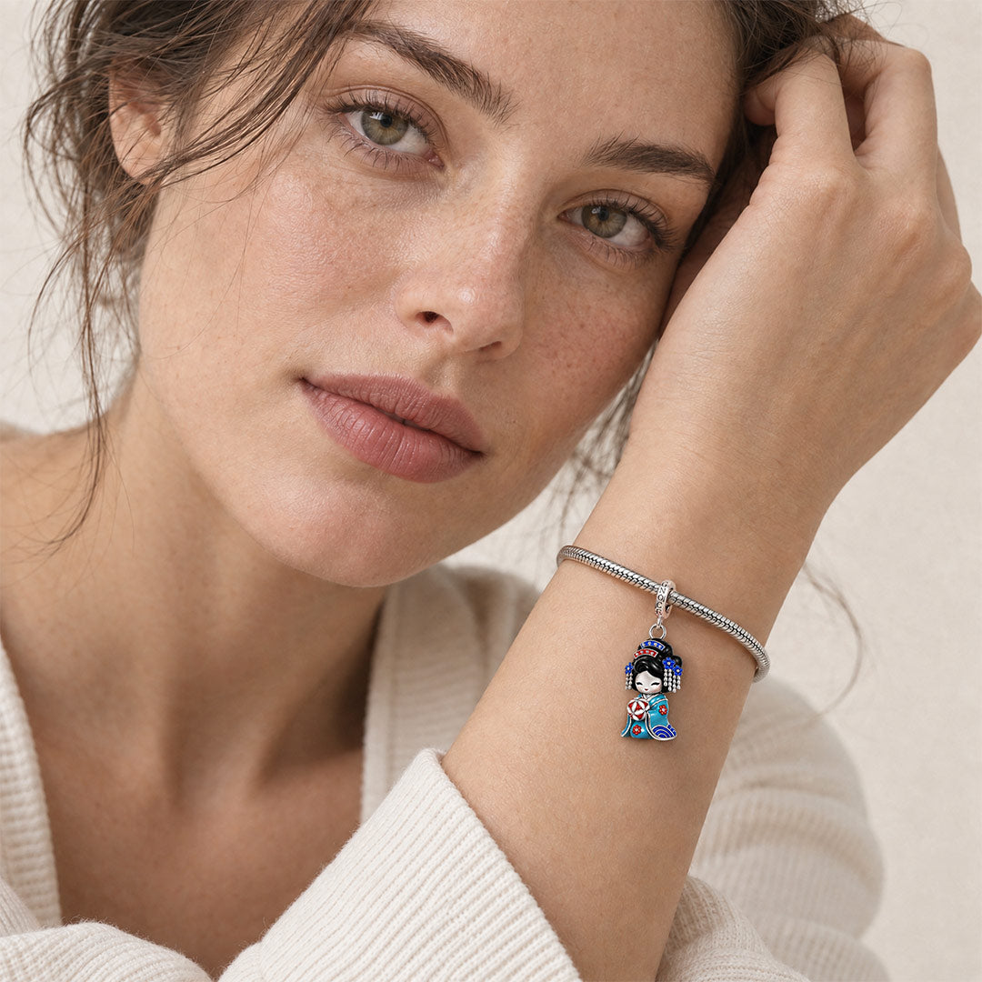 Gnoce Japanese Blue Geisha Doll Temari Glow-in-the-dark Clasp Dangle Charm Platinum-plated Silver Blend_5