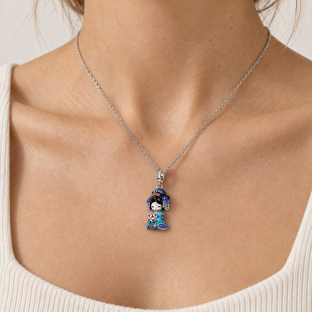 Gnoce Japanese Blue Geisha Doll Temari Glow-in-the-dark Clasp Dangle Charm Platinum-plated Silver Blend_3