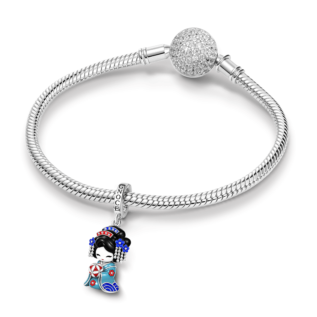 Gnoce Japanese Blue Geisha Doll Temari Glow-in-the-dark Clasp Dangle Charm Platinum-plated Silver Blend_4