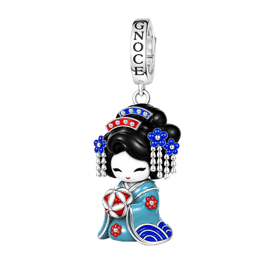 Gnoce Japanese Blue Geisha Doll Temari Glow-in-the-dark Clasp Dangle Charm Platinum-plated Silver Blend_1