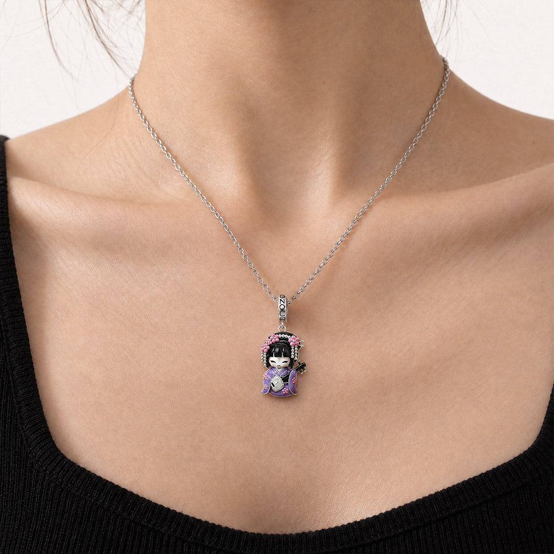 Gnoce Japanese Purple Geisha Doll Shamisen Glow-in-the-dark Clasp Dangle Charm Platinum-plated Silver Blend_3