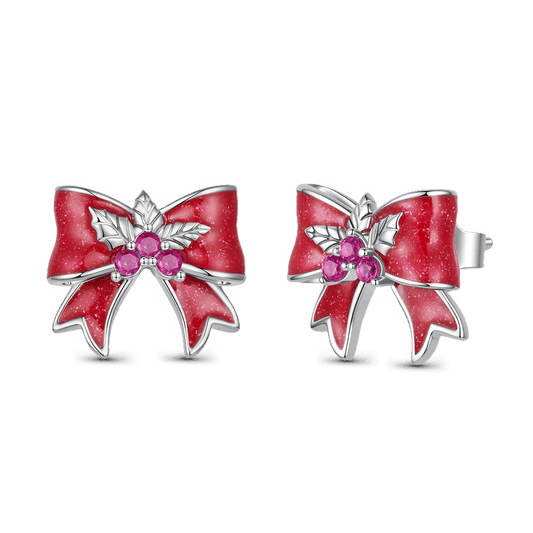 Gnoce Red Bow Holly Pattern Stud Earrings_1