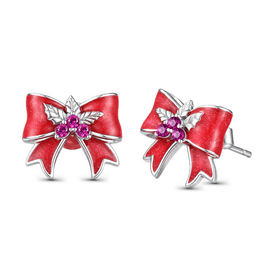 Gnoce Red Bow Holly Pattern Stud Earrings_4