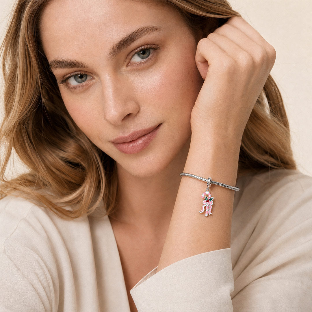 Gnoce Pink Christmas Series Candy Cane Clasp Dangle Charm Platinum-plated Silver Blend_4