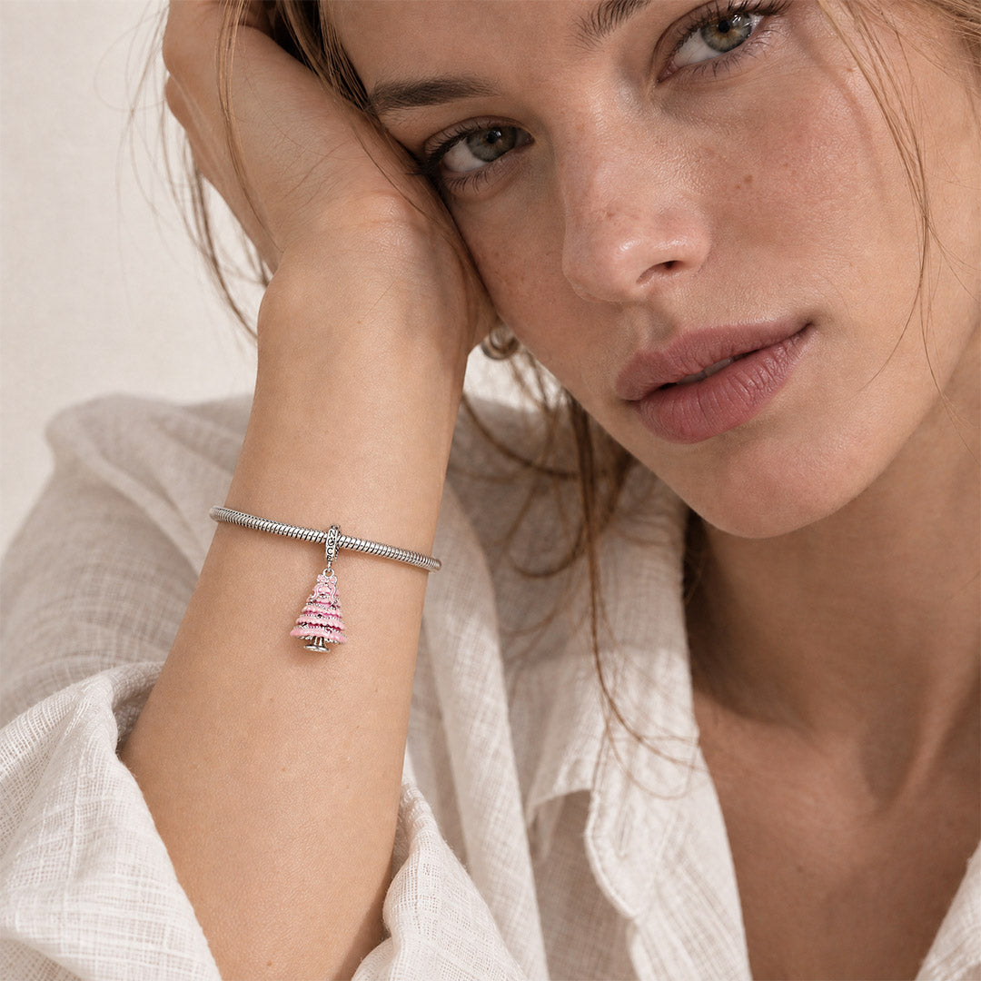 Gnoce Pink Christmas Series Pink Christmas Tree Clasp Dangle Charm Platinum-plated Silver Blend_4