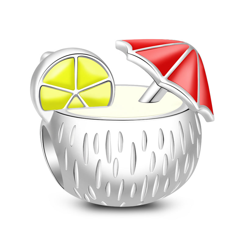 Gnoce "I Love Summer" Lovely Summer Beach Drink 925 Sterling Silver with Red Enamel Beach Umbrella and Fresh Look Lemon Coconut Charm_2
