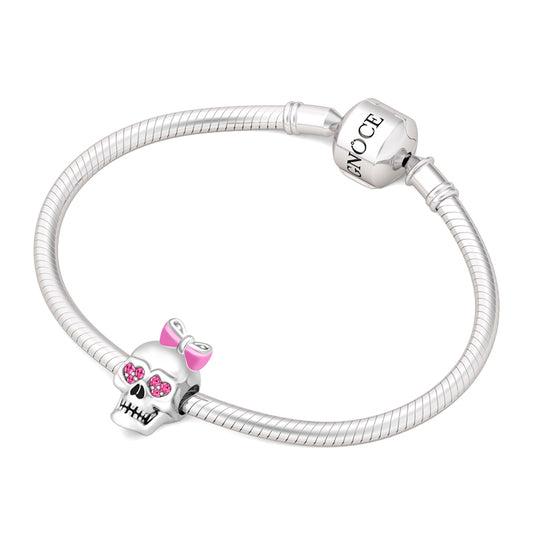Gnoce "Heart in My Eyes" 925 Sterling Silver Pink Enamel Bowknot & Pink Sapphire CZ Stones Skull Charm_3
