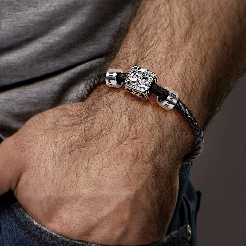 Crusu Vintage Bead & Customized Classic Beads S925 Sterling Silver with Gift Copper Black Leather Men's Bracelet Jewelry for Men_5