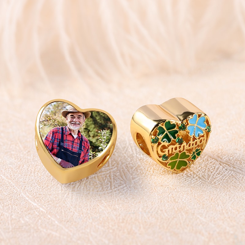 Four-leaf Clover Heart-shaped Personalized Photo Charm Bead for Grandpa Sterling Silver 18k Gold Plated_2