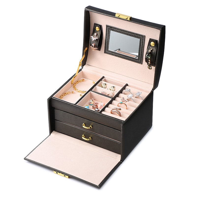 Black Luxury Three-layer Drawer Jewelry Box Earring Ring Necklace Bracelet Charm Storage Gift Casket_2