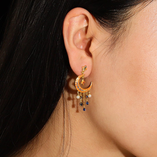 Star Moon Dangle Earrings 18k Gold Plated 925 Sterling Silver with Gemstone and Pearl_3