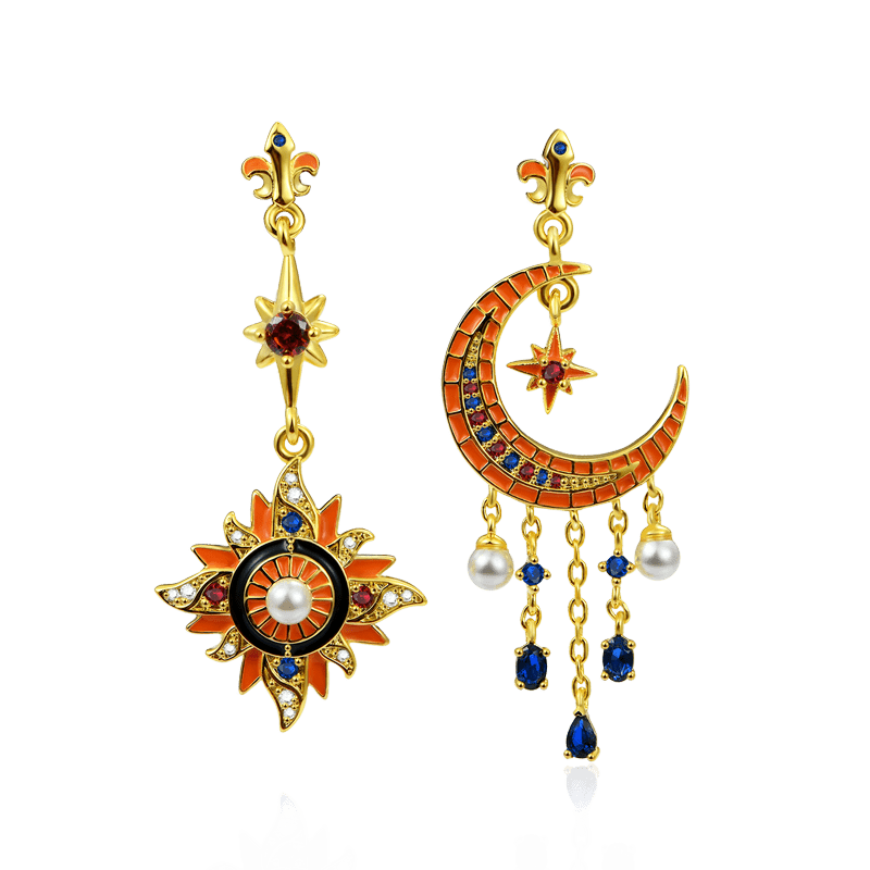 Star Moon Dangle Earrings 18k Gold Plated 925 Sterling Silver with Gemstone and Pearl_1